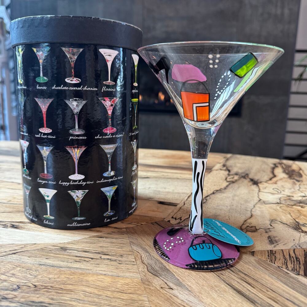 Lolita Shopaholic Too Martini Glass NIB Hand Painted Recipe Boxed Sassy Heels
